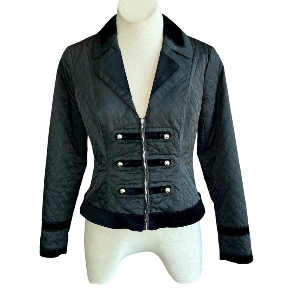 White House Black Market Black Velvet Collar Quilted Military Jacket Size 4
